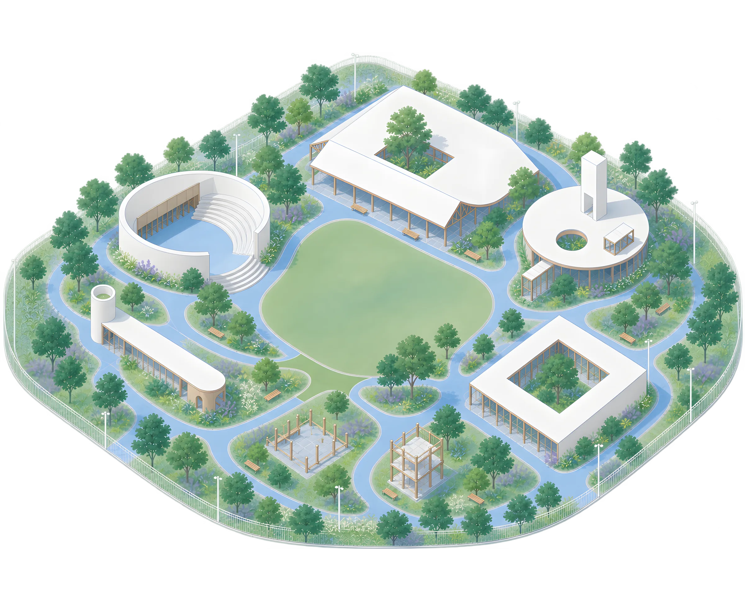 An axonometric campus. Each building is a section of this site: an amphitheatre for talks, a pitched hall for the journal, a drum and tower for the lab, a long gallery for typography, a courtyard block for about, an open pergola for contact and a glass pavilion for AR/VR work.