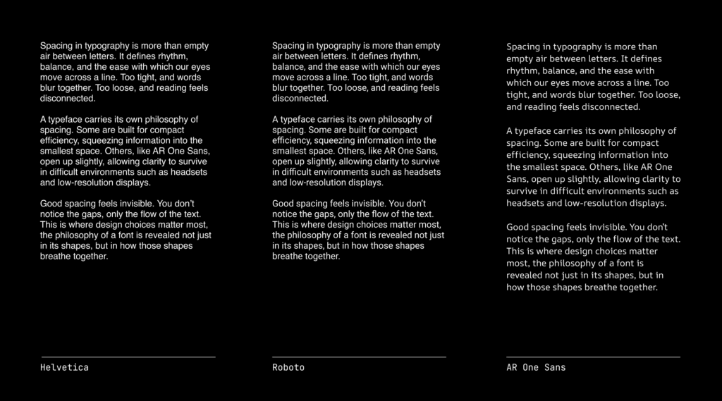 Side-by-side spacing demo where AR One Sans adds extra letter spacing to counter blur and glow in headsets.