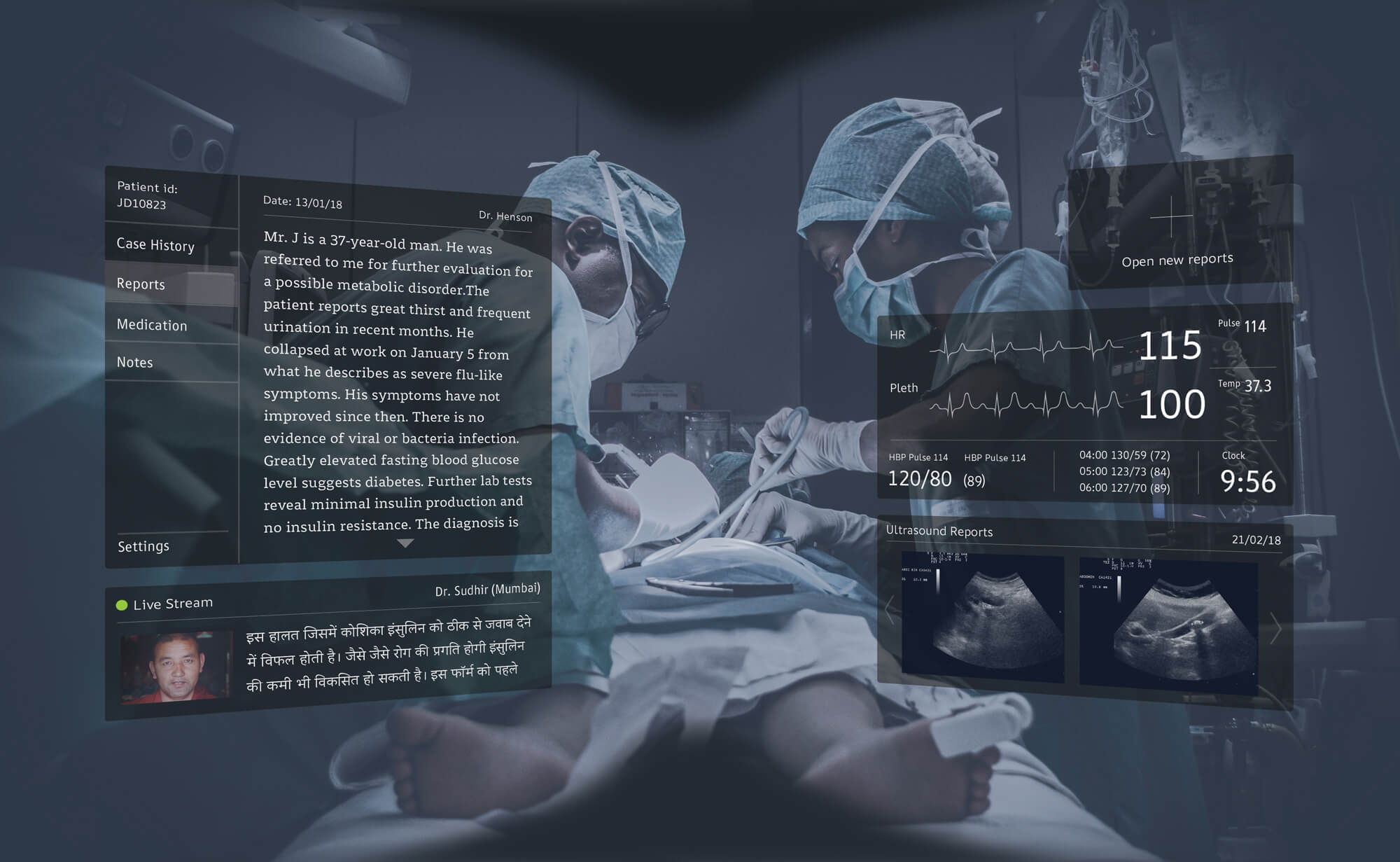 Representation of AR glasses being used in operation theatre and the typeface/ font used in interface is Aronerface